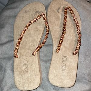 Tan Flip Flops Beaded, Size 9 - no Tags See Pics